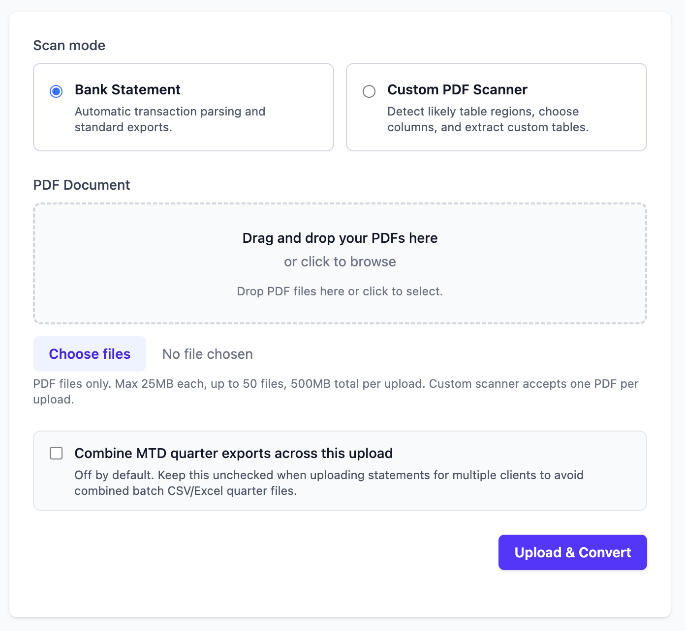 StatementCSV upload screen with bank statement and custom PDF scanner options for purchase orders and receipts